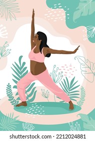Pregnant african american woman Meditating in Nature. Peaceful person practicing Yoga, spiritual Meditation surrounded by Plant leaves. Harmony and peace concept. Flat vector illustration. 