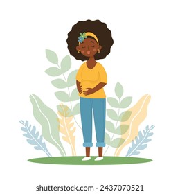 Pregnant African American woman. Motherhood concept. Flat vector illustration.