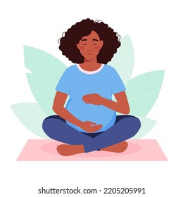 A pregnant African American woman practices yoga. The girl sits in an asana, meditates. active pregnancy. Siddhasana, virasana. Vector illustration in flat style, isolated background with foliage