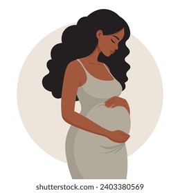 Perfil de mujer afroamericana embarazada, clipart moderna de maternidad, esperando ilustración del vector madre en un suave telón de fondo pastel.