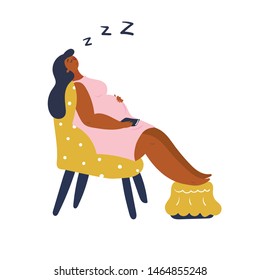 Pregnant African American woman is resting on the chair. Woman in the last months of pregnancy read a book and fell asleep. Vector flat illustrations isolated.