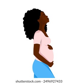 Pregnant african american woman side view in pink shirt and blue jeans tenderly holds her belly with a happy smile