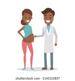 Pregnant african american woman visiting male doctor in hospital. Patient is examined by professional. Checking belly by stethoscope. Isolated flat vector illustration