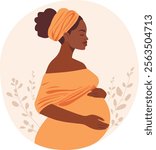 Pregnant african black skin woman in dress. Silhouette of a pregnant woman. Vector illustration
