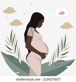 Pregnant african black woman around nature and leaf background. Flat vector illustration in minimal style.