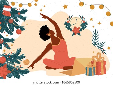 Pregnant African black woman practices yoga in front of a laptop monitor. New Year and Christmas master classes for expectant mothers online. Flat vector illustration