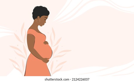 Pregnant african woman, future mom hugging belly with arms. Banner about pregnancy and motherhood with place for text.  Vector illustration.