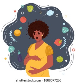 Mujer embarazada africana con antecedentes de frutas y verduras. Concepto de alimentos saludables para las mujeres embarazadas. Ilustración del vector