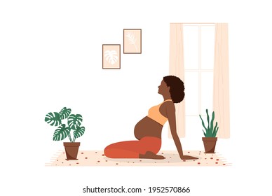 Mujer embarazada africana practicando yoga en su casa. Ilustración vectorial, eps 10