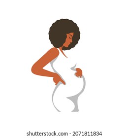Pregnant African woman in a white dress in profile. Vector illustration, flat minimal cartoon design isolated on white background, eps 10.