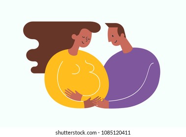 Pregnant African-Americam woman stroking her belly. Happy dad embracing her. Happy motherhood and baby expectation concept. Modern vector illustration