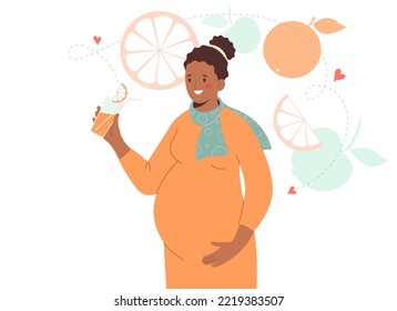Pregnant African-American woman holds healthy fruit juice in her hand . Nutrition and diet during pregnancy.	Vector illustration.
