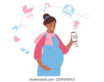 Pregnant African-American woman holds a smartphone in her hand. Shopping online in the mobile application. Children's things, toys