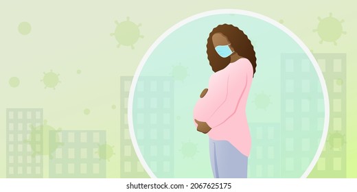 A pregnant African-American woman in a medical mask, protection from viruses and air pollution.