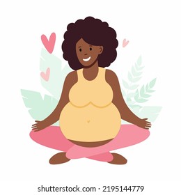 A pregnant African-American woman is sitting in a lotus position and doing yoga. Vector illustration	