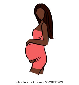 Pregnant afro american woman in a pink dress. Simple logo.
