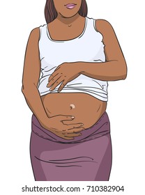 Pregnant afro woman touching her belly, Happy pregnancy, love, people expectation and maternity concept, Vector illustration colored sketch isolated on white background