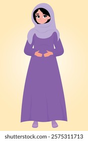 Pregnant Arab woman, holding her belly, with veil on her head, illustration