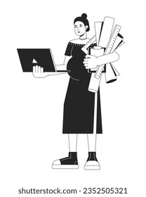 Pregnant architect woman with drawings bw concept vector spot illustration. Woman holding laptop 2D cartoon flat line monochromatic character for web UI design. Editable isolated outline hero image