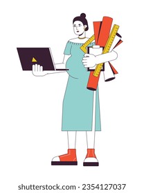 Pregnant architect woman with drawings flat line concept vector spot illustration. Woman holding laptop 2D cartoon outline character on white for web UI design. Editable isolated color hero image
