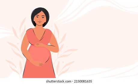 Pregnant asian woman, future mom, hugging belly with arms. Banner about pregnancy and motherhood with place for text. Vector illustration.