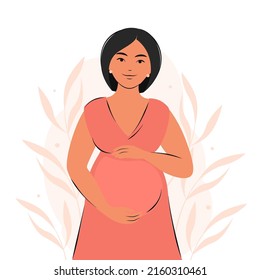 Pregnant asian woman, future mom, hugging belly with arms. Pregnancy and motherhood concept. Vector illustration.