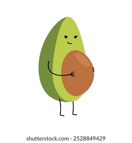 Pregnant avocado vector illustration. Minimalistic flat character - female avocado berry gently holding seed as a belly. 