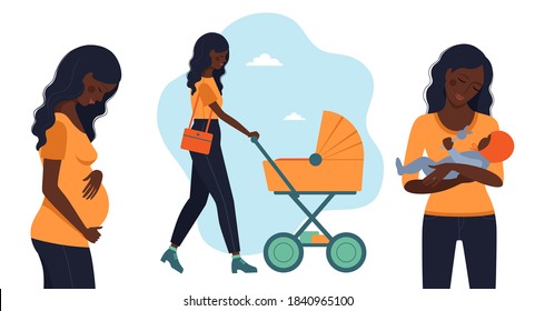 Pregnant Beautiful Black Woman, Black Mom With Stroller, Black Mom With Baby In Her Arms Set Of Conceptual Images In Flat Style. Vector Illustration.