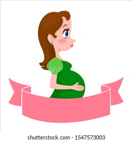 A pregnant beautiful brunette woman is standing in profile in a green dress. Place for text on a pink ribbon. Vector illustration in cartoon flat style isolated on white background.