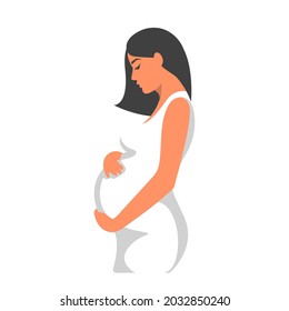 A pregnant beautiful dark-haired woman stands in a white dress, isolated on a white background. Vector illustration, side view, flat cartoon color minimal design, eps 10.