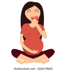 A pregnant beautiful girl eats an apple after training. Fitnes for pregnant women. Healthy pregnancy. Healthy food. Healthy way of life. Vector illustration