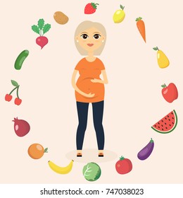 A pregnant beautiful girl surrounded by healthy food. Healthy lifestyle . Vector illustration.