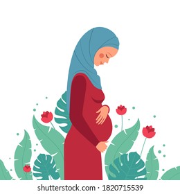 Pregnant beautiful muslim woman hugs her pregnant belly against the backdrop of plants and flowers. Happy future mom side view. Vector illustration in flat style.