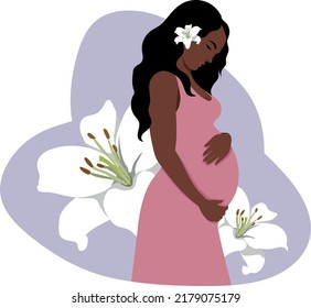 A pregnant beautiful woman with dark hair and skin in a pink dress hugs her pregnant belly against the background of white lilies. Happy pregnancy. Vector illustration.