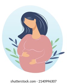 Pregnant beautiful woman in a dark pink dress. Future young mother. Trendy modern flat style. Vector isolated illustration for mother's day. Icon, postcard, avatar, banner.