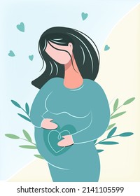Pregnant beautiful woman in a green dress. Future young mother.Brunette strokes her belly. Trendy modern flat style. Vector isolated illustration for mother's day. Icon, postcard, avatar, banner.