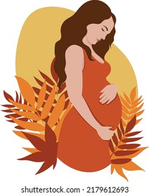Pregnant beautiful woman hugging her pregnant belly on a yellow background with autumn leaves. Happy pregnancy. Vector illustration. Pregnant woman in autumn.