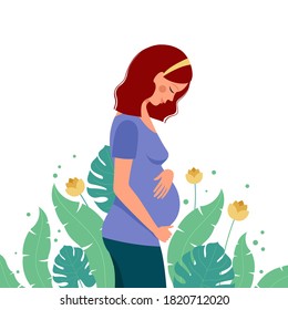 Pregnant beautiful woman hugs her pregnant belly against the backdrop of plants and flowers. Happy future mom side view. Vector illustration in flat style.