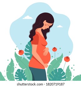 Pregnant beautiful woman hugs her pregnant belly against the backdrop of plants and flowers and the blue sky. Happy future mom side view. Vector illustration in flat style.