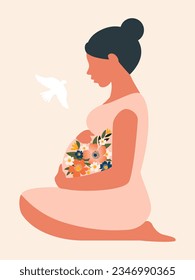 Pregnant beautiful young woman sitting sideways isolated on gentle pink vertical background for Mother's DAY, Happy motherhood. Vector.