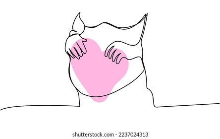 Pregnant belly close up one line art with colorful elements. Continuous line drawing of pregnancy, motherhood, preparation for childbirth, preparation for motherhood, skin care, relaxation.