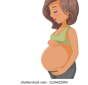 pregnant belly side view. holds hands on belly. pregnancy and maternity, beautiful tender Feeling of pregnancy.  expectation and preparation concept. Vector illustrations isolated on white background.