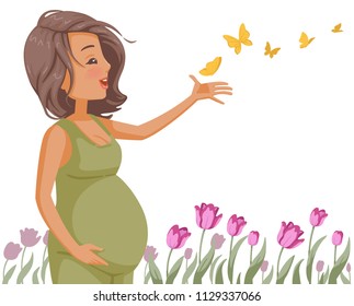 Pregnant belly standing at the lily flower garden. with heart sign on her belly. smile and grab the yellow butterfly that is circling around. beauty of pregnancy. Vector illustrations isolated.