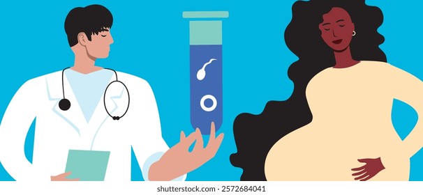 Pregnant BIPOS woman as a concept of family planning using in vitro fertilization, flat vector stock illustration, consultation with a doctor about donor sperm for IVF