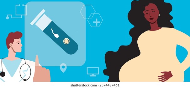 Pregnant BIPOS woman as a concept of family planning using in vitro fertilization, flat vector stock illustration, technological consultation with a doctor with touchscreen technologies for IVF