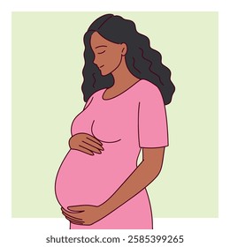 A pregnant Black woman with curly black hair wears a pink dress, gently cradling her belly with both hands. The background is green.