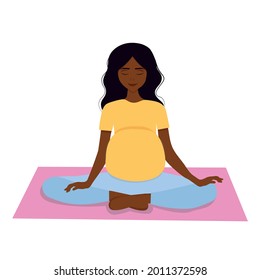 Pregnant black woman doing prenatal yoga. Pregnancy health concept. Cute vector illustration in flat style