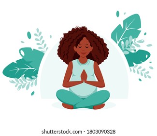 Pregnant black woman doing yoga. Pregnancy health, meditation concept. Vector illustration.