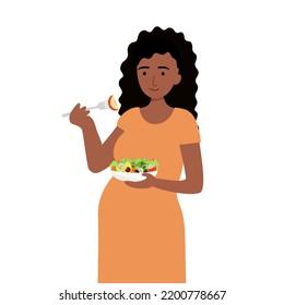 Pregnant black woman eating healthy food in flat design on white background.