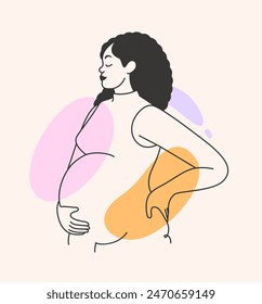 Pregnant black woman expecting a baby. Pregnancy, maternity, fertility concept. Prenatal care and health. Profile of a beautiful young mother touching belly. Isolated hand drawn vector illustration